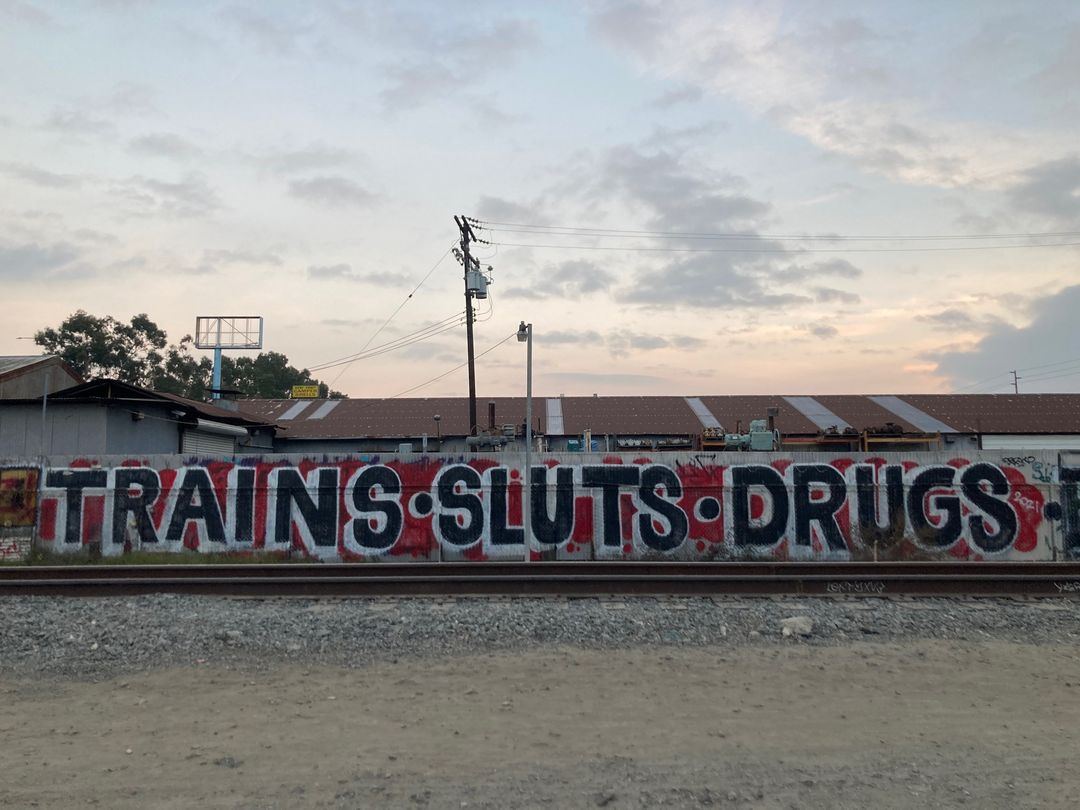 This meme is a photo of a graffiti-covered wall with the words "Trains, Sluts, Drugs" spray-painted on it. The text is written in bold, block letters and appears to be a humorous or ironic statement about the types of things that might be found near a train track. The image is likely meant to be humorous or satirical, but its meaning is open to interpretation.